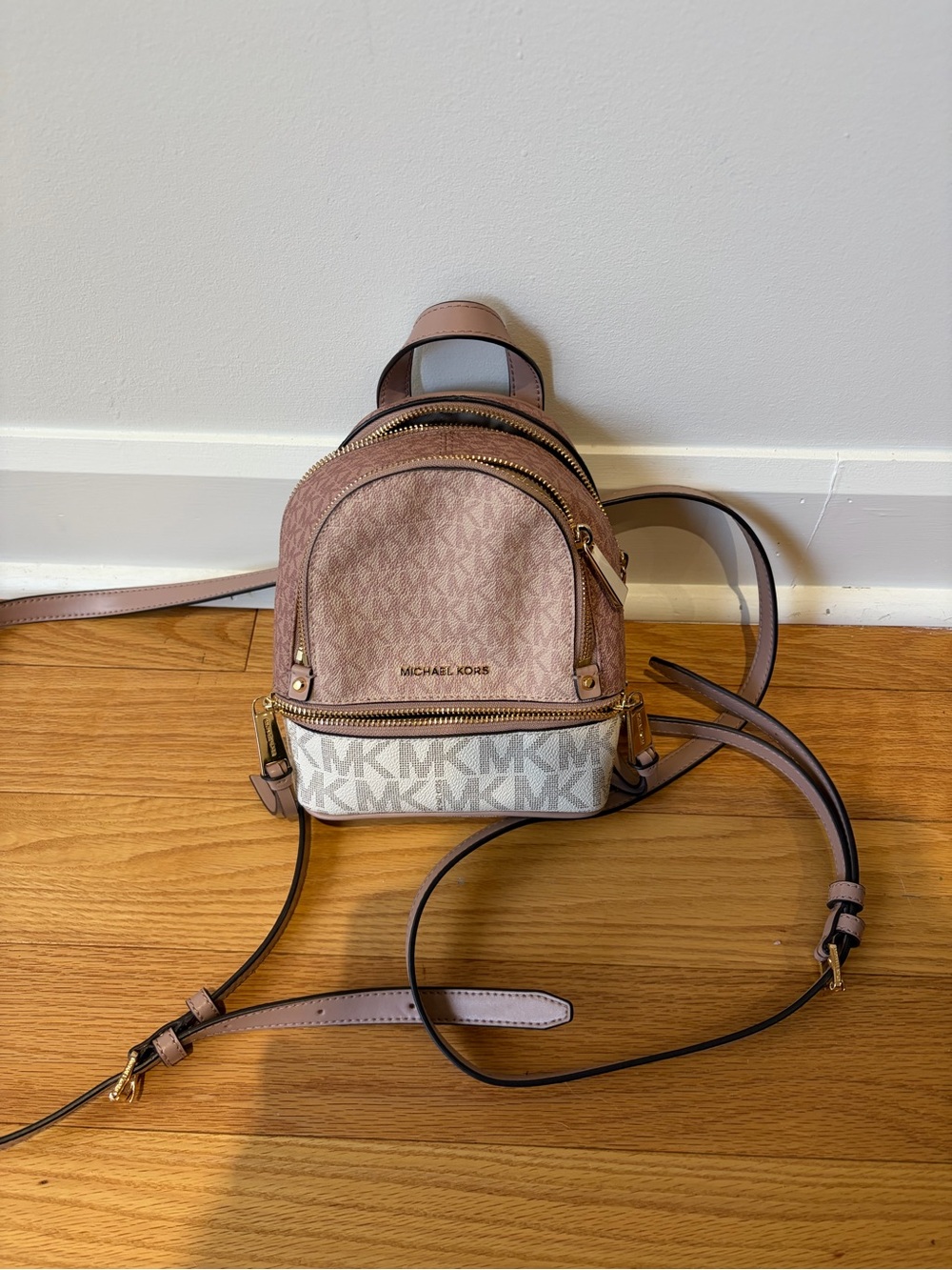 Michael Kors Blush and Ivory MK Logo Rhea Mini Backpack